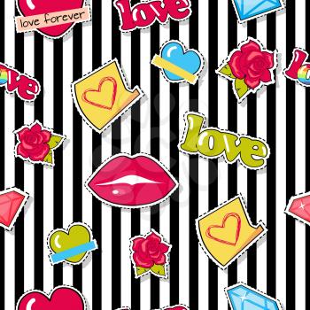 Seamless pattern with lips, roses, colorful hearts and diamonds patch. Textile fabric of objects with dashed line. Wrapping paper design for valentines day. Modern fashionable wallpaper. Vector