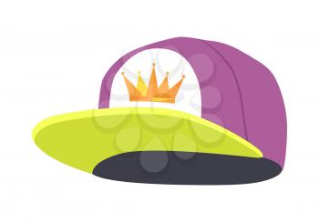Male colourful rap cap. Template simple example. Isolated illustration on white. Stylish violet hat with greenish peak. Icon of golden crown on white cloth. Cartoon style. Flat design. Vector