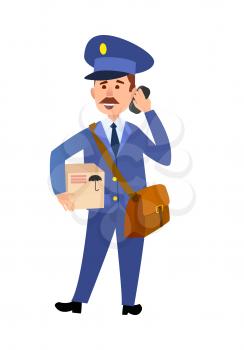 Postman cartoon character in uniform delivering parcel flat vector illustration isolated on white background. Mailman with mailbag holding package and talking on phone. Smiling postal courier icon  