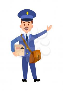 Postman cartoon character in blue uniform delivering parcel flat vector illustration isolated on white background. Mailman with mailbag holding cardboard box. Smiling mustached postal courier icon