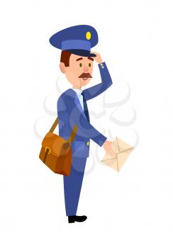 Postman cartoon character in blue uniform delivering letter flat vector illustration isolated on white background. Mailman with mailbag holding paper envelope. Mustached postal courier with mail icon