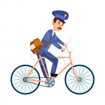 Postman cartoon character in blue uniform delivering letter flat vector illustration isolated on white background. Mailman with mailbag riding on bicycle. Mustached postal courier with mail icon