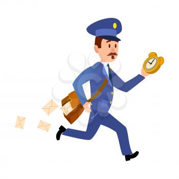 Running mailman hurries to deliver mails. Isolated mailman with bag, dropping letters and clock in hand isolated on white background. Postman greets you and run to give you mail vector illustration