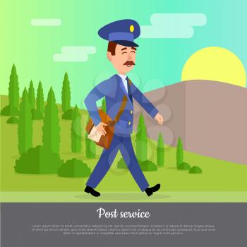 Post service web banner. World delivery picture with postman. Mailman in suit walking along forest in hot summer day. Express mail at any weather conditions vector illustration in cartoon style