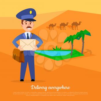 Delivery anywhere web banner. Post service world delivery picture with postman. Mailman in suit stands in desert near oasis with camels. Express mail at any weather conditions vector illustration