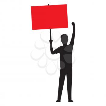 Cartoon man back silhouette with red streamer raises his hand and shows protest isolated vector illustration on white background.