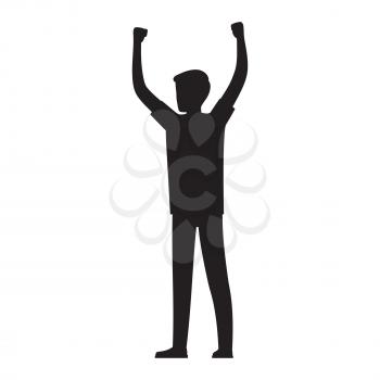 Man raises his hands up and show protest black silhouette isolated on white background. Cartoon person vector illustration.