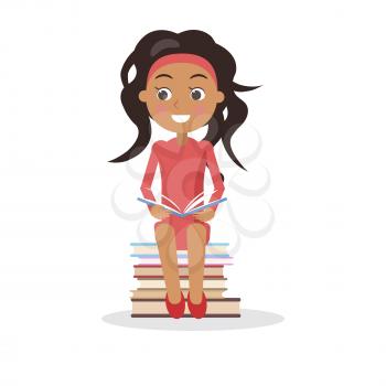 Brunette young girl in dress with open textbook sits on pile of books vector illustration in concept of International Literacy Day isolated on white