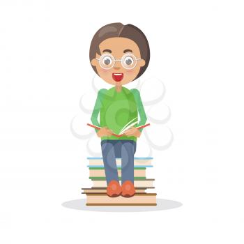 Excited boy in glasses sits on heap of books, self education and getting knowledge concept. Pupil study interesting enciclopedia vector illustration