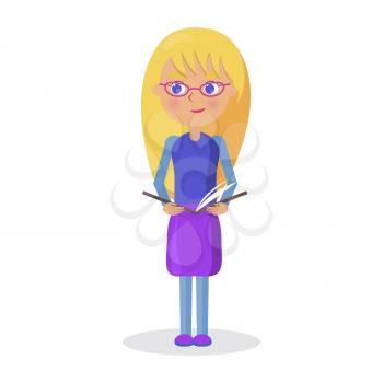 Blond girl in glasses holds open textbook vector illustration isolated. World Day of Book poster to promote reading, publishing and copyright