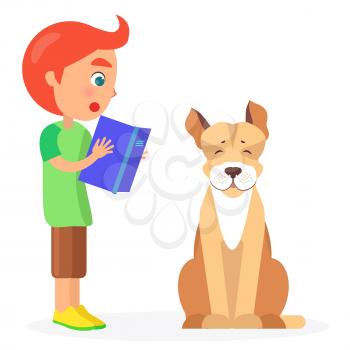 Red-haired boy stands and reads blue book to jack russell terrier vector illustration flat design on white background closeup.