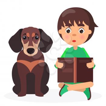 Brown dachshund with reading boy closeup isolated on white vector illustration. Open-eyed small schoolchild holds dark book.