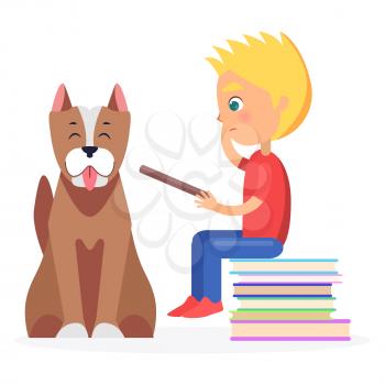 Blond boy sitting on heap of literature and holds closed textbook with staffordshire terrier on white background vector illustration.