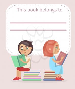 Place for book signing with redhead girl in dress and boy who sit on books pile and read vector illustration on light peach background.