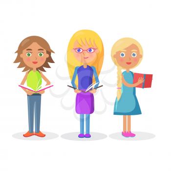 Three cute girls schoolgirls holding color open textbooks on white background vector illustration closeup flat design.