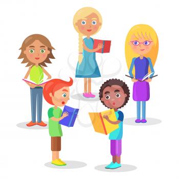 Group of schoolchildren consisting of girls and boys stand in circle and read schoolbooks vector illustration on white background.
