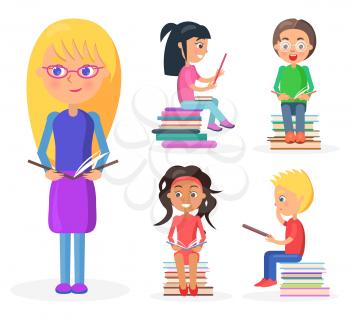 Blonde girl with glasses stands and holds dark book full-length, reading four schoolkids sit on pile of literature vector illustration.