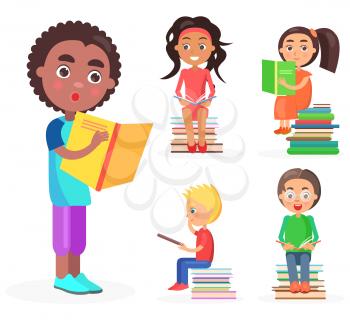 Open-eyed african boy reads yellow book, reading kids sit on pile of literature vector illustration on white background.