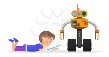 Boy lies and reads from tablet beside roobot with truck wheels, panels and buttons isolated vector illustration on white background.