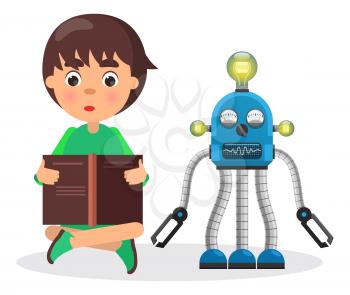 Boy sits and reads book beside small robot with lamps, visual indicators and lot of limbs isolated vector illustration on white background.
