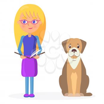 Girl in glasses holds open textbook and beside sitting friend labrador dog on white background vector illustration closeup