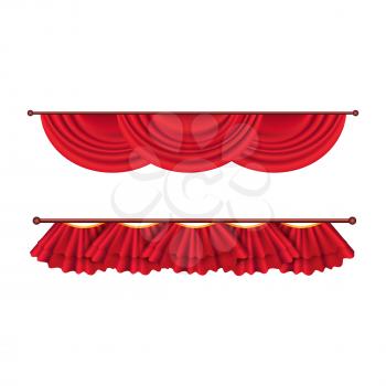 Short ceiling red curtains set. Two theater curtains vector illustration isolated on white background. Luxury scarlet curtains and draperies. Theatre, banquet and concert hall decorations.