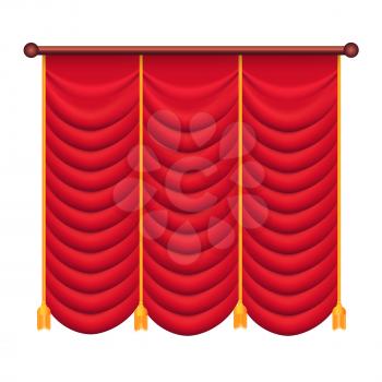Red curtains vector illustration. Silk theatre curtain icon isolated on white background. Luxury scarlet curtains and draperies. Theatre, banquet and concert hall decorations in flat style design