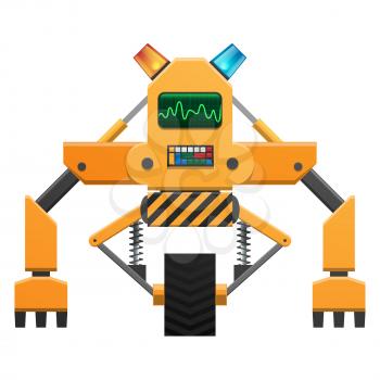 Big orange robot with colorful buttons, idicators and wheel for movement isolated vector illustration on white background.