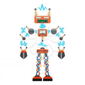 Big electric scary robot with detector, wave sensor and wires isolated on white background. Robot that produces electricity vector illustration. Modern engineering for technologies development.