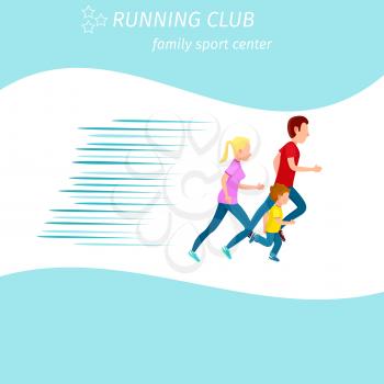 Running club family sport center health program isolated on white. Man in red t-shirt, blonde woman and little son moves together vector illustration.
