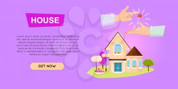 Buying house online property selling web banner vector illustration. Advertising real estate e-commerce concept. Getting new key of beautiful house. Business agreement of customers choice.