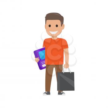 Boy smiles and stands with box and bag on white background. Family shopping day. Cartoon boy has fun during shopping. Shopping-themed isolated vector illustration of male character with purchases.