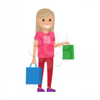 Girl stands and holds bags on white background. Family shopping day. Cartoon girl has fun during shopping at supermarket. Shopping-themed isolated vector illustration of female character with bags.