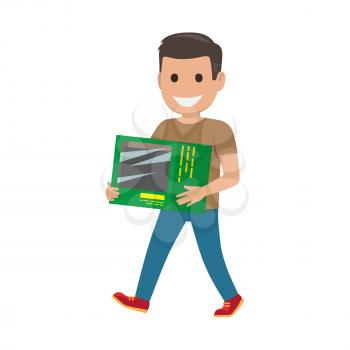 Boy goes and carries green box on white background. Family shopping day. Cartoon boy has fun during shopping at mall. Shopping-themed isolated vector illustration of male character with purchase.