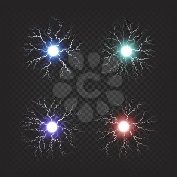 Red, blue, purple and green fireballs isolated vector illustrations on transparent background. Globular clusters of electricity.