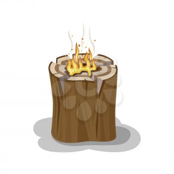 Stump with fire and smoke in center and shadow on white background. Firewood element. Small bonfire into stump isolated illustration. Outdoor pastime on nature. Original way of making bonfire during hike.
