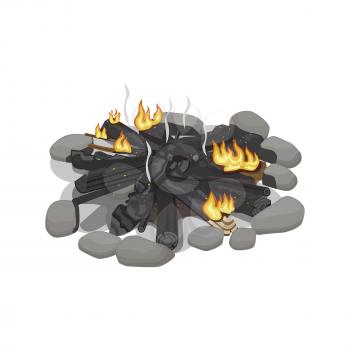 Dark burnt firewood with weak flame on white. Vector illustration of wood pines isolated place with black logs surrounded by stones. Flame made of forest trees for heating. Campfire tourist symbol