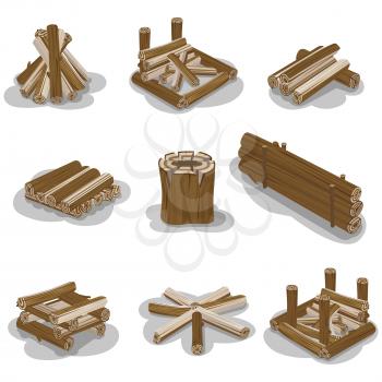 Campfire stump logs collection isolated on white background. Vector poster of wood pieces without fire put in various positions. Touristic burning firewood set in flat design cartoon style