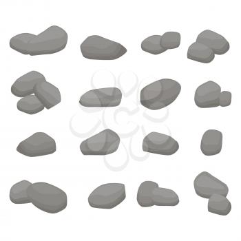 Set Firewood. Sixteen grey stones collection: eight single stones, seven couples of stones and one bunch of three stones on white background. Fencing for fire. Isolated vector illustrations.
