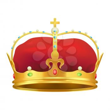Golden monarchical crown decorated with colorful stones on white background. Royal diadem with yellow cross at top vector illustration.