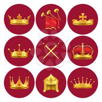 Golden kings crowns from different Medieval States, gold swords and chimneys with red cloth vector illustrations in scarlet circles.