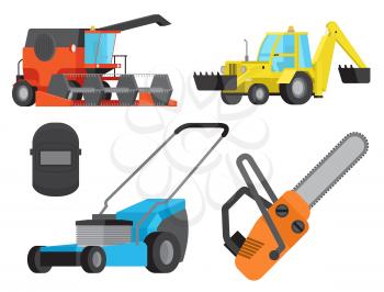 Operative equipment and transport isolated on white. Vector lawn mower, technology digger, harvesting technique, orange chainsaw, welding mask.