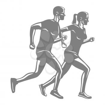 Silhouettes of running man and woman on white. Male and female people in sportswear and running shoes. Sport lifestyle colourless vector illustration. Motion movement in cartoon style flat design