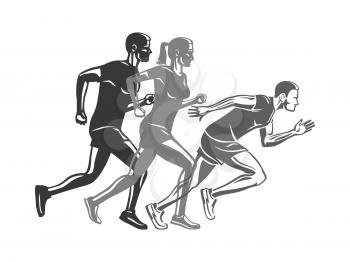 Set of runners silhouettes. Logo template for sport company club. Men and woman run race at competition, victory concept. Sport lifestyle colourless vector illustration. Movement in cartoon style