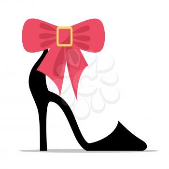 Womens shoe with high stiletto heel and red bow flat vector icon isolated on white background. Elegant high-heeled court footwear with decoration illustration for fashion concepts