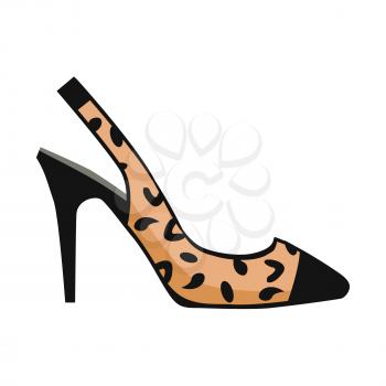 Leopard slingback shoe with black toe on high heel isolated on white background. Fashionable women footgear for chic look. Footwear with print vector illustration. Bright accent in casual outfit.