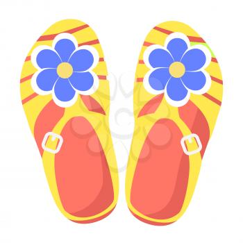 Casual summer yellow slippers with blue flowers isolated on white background. Women comfortable footwear for beach walks and housework outfits. Fashionable and handy women footwear vector illustration.