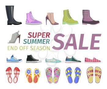 Super summer shoes sale concept. Leather and textile boots, sneakers and flip-flops sandals flat vector isolated on white background. Variety footwear illustration for discounts at end of season promo