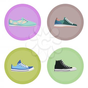 Various modern sneakers colorful icons set. Leather and textile sports footwear flat vectors collection isolated on white background. Men and woman athletic shoes and road runners illustrations