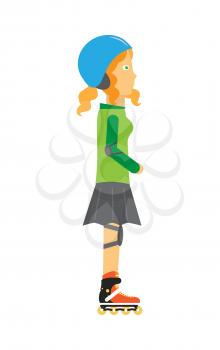 Roller skater vector. Female character in helmet, elbow, knee protection on rollers. Sports equipment flat illustration. Summer sports and entertainments. For sport concepts, advertising, web design